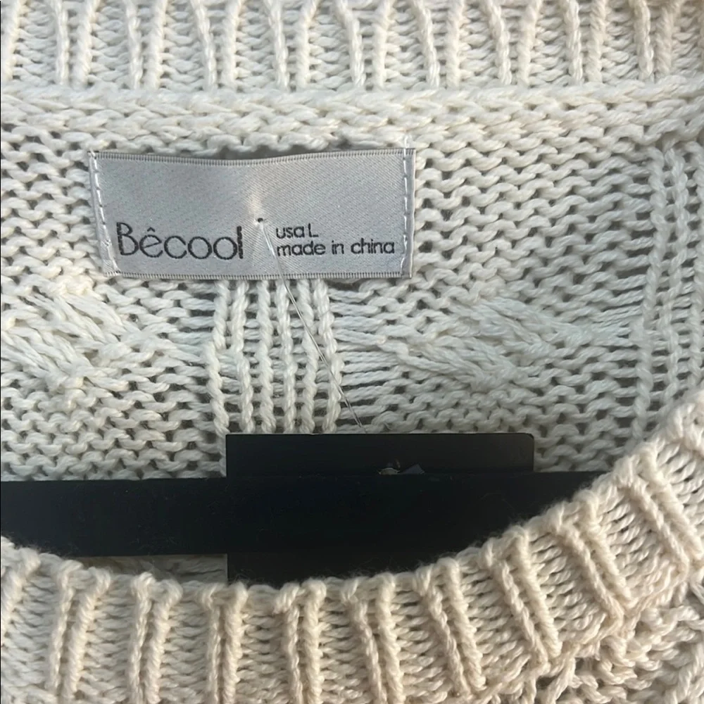Becool Boutique Pink and Cream Cable Knit Crew Neck Sweater
